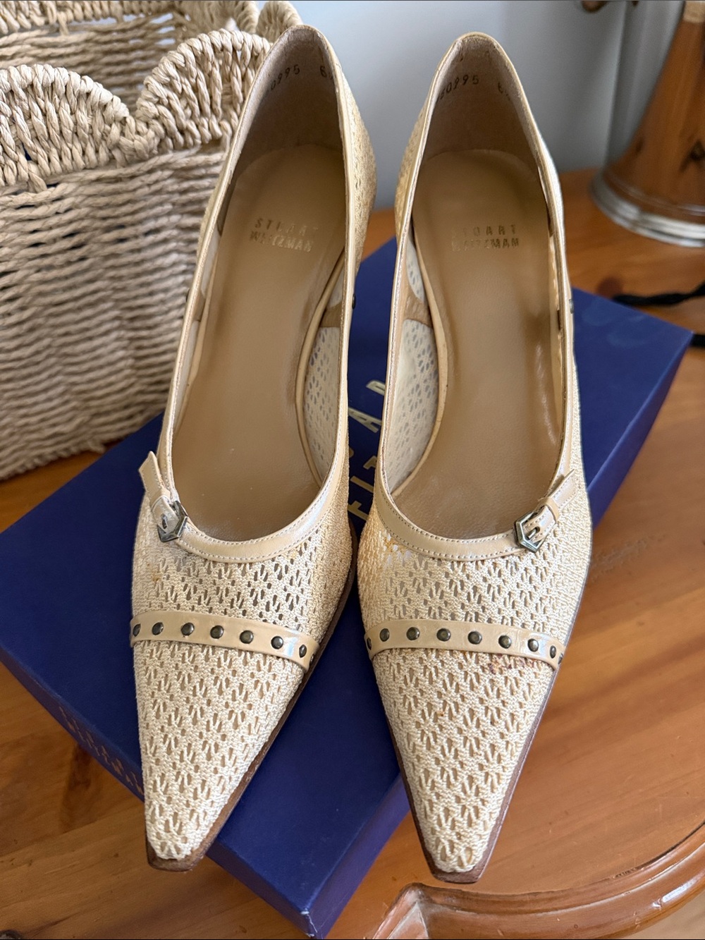 Stuart Weitzman Vintage Pointed Toe Cream Woven Pumps with Stud Accent